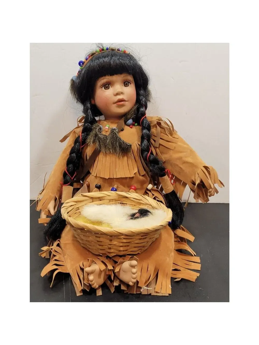 Vintage Native American Girl Porcelain Doll 10 1/2
